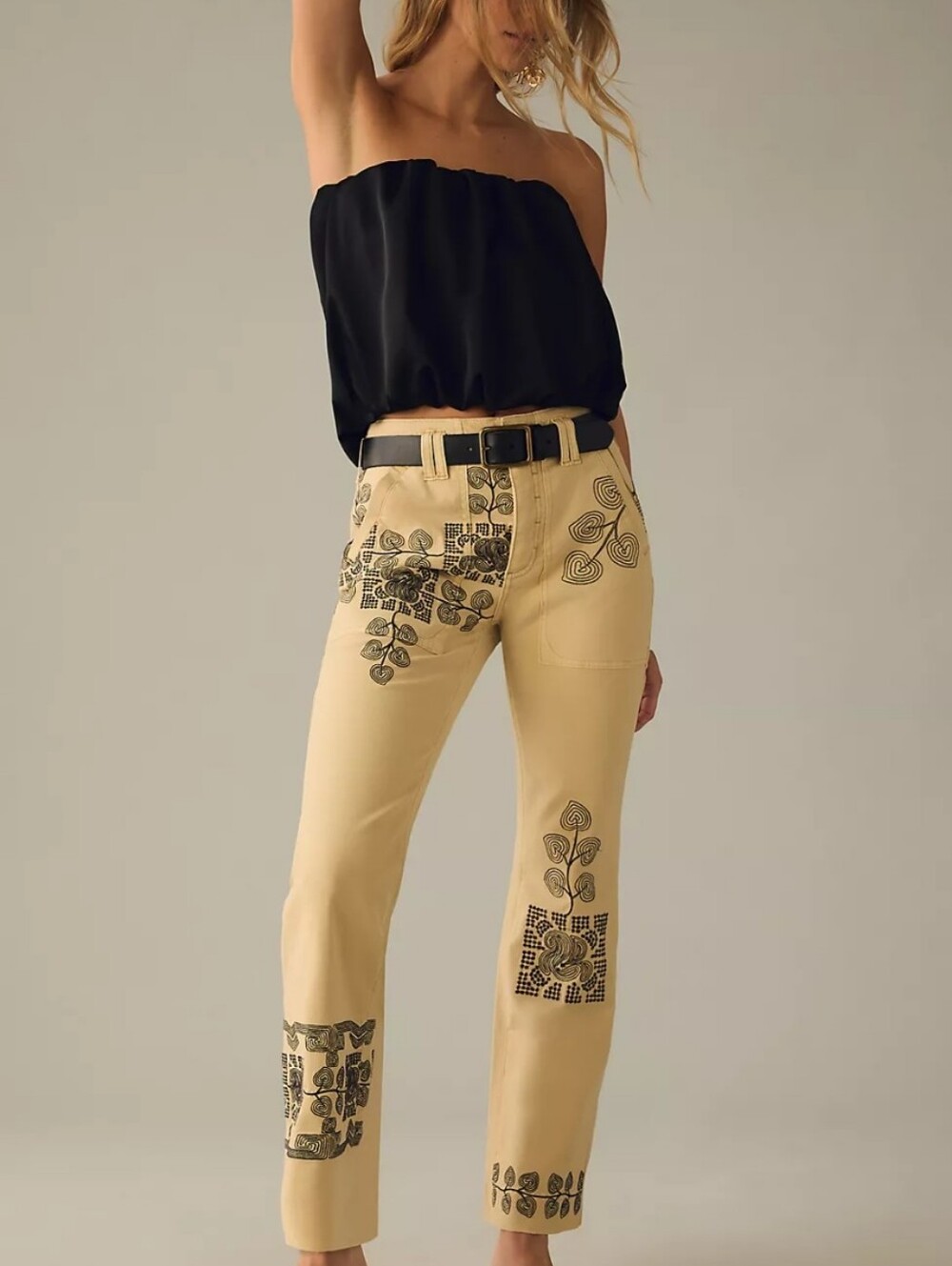 NWT Pilcro by Anthropologie The Yaya Embroidered Pants-Creme